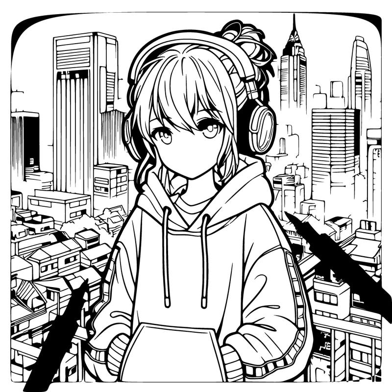 create a realistic anime girl wearing a oversized hoody in the city with headphones and a messy bun