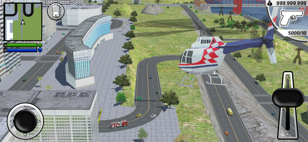 『グランド・ハイスト・オンライン』の3Dオープンワールド都市の上空を飛ぶヘリコプターのゲームプレイ画面