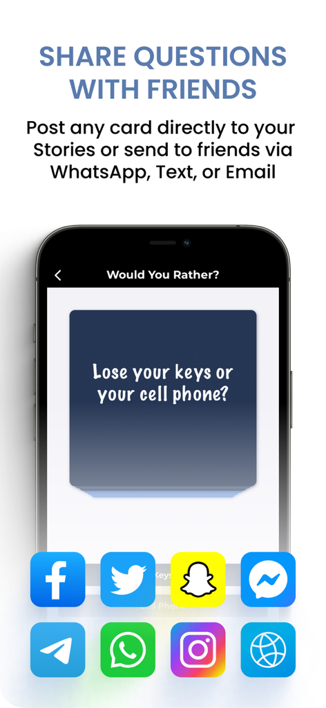 Sparks - Couple Questions App - A smartphone displaying a Would You Rather question card in the Sparks app with various social media and messaging share icons below it.