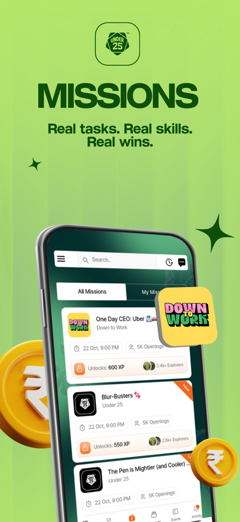 Under 25 app missions screen displaying paid student gigs and skill building tasks