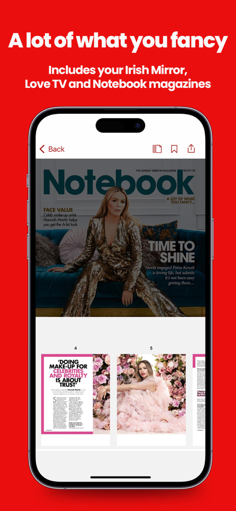 L'application Irish Mirror Newspaper montrant la couverture du magazine Notebook et des articles lifestyle sur un écran d'iPhone.