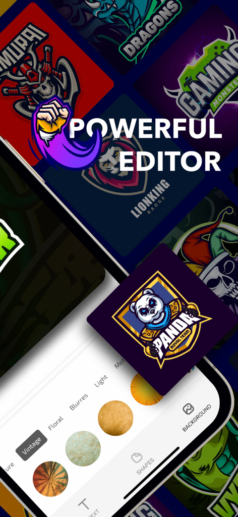 Logo Maker & Generator - Pantalla de una aplicación móvil que muestra un potente editor para diseñar logos de videojuegos y marcas con varias plantillas y herramientas de personalización.
