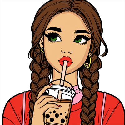 realistic girl with braided hair drinking boba