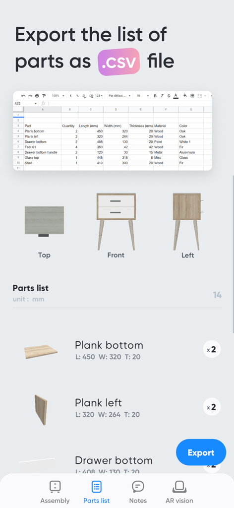 Moblo - 3D furniture modeling - Interface of the Moblo app showing a furniture parts list with dimensions and the option to export as a CSV file