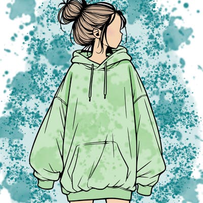 realistic girl with a oversized sweatshirt on and a bun
