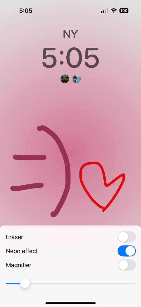 Widget.my - draw on homescreen - A pink digital canvas featuring a hand-drawn heart and smiley face with drawing tool options at the bottom.