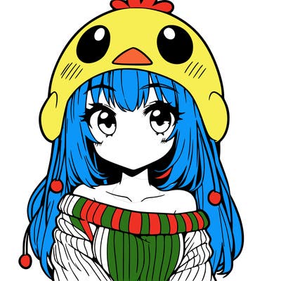 anime girl with chick shaped hat with sweater with bare shoulders with bangs covering them one eye with low tail