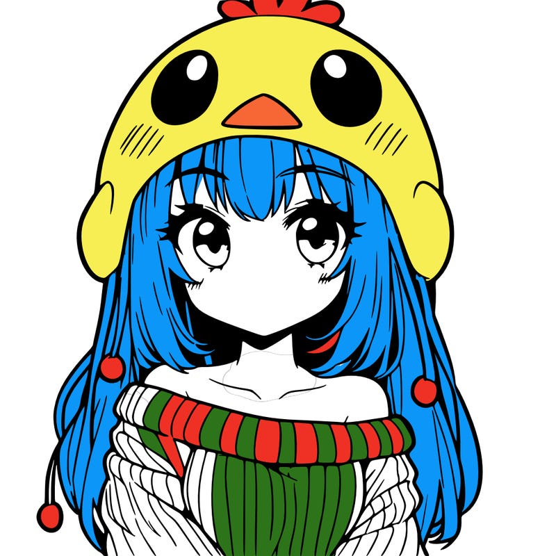 anime girl with chick shaped hat with sweater with bare shoulders with bangs covering them one eye with low tail
