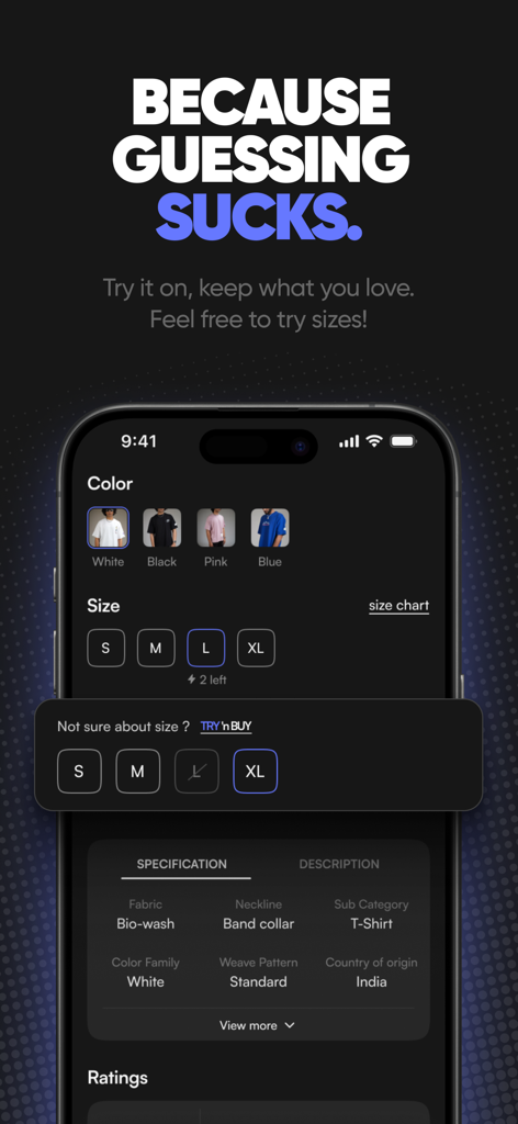 KNOT app interface showing the try-before-you-buy feature for multiple clothing sizes