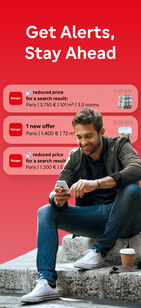 SeLoger – Real Estates France - Man looking at his phone with SeLoger app notifications for Paris real estate alerts