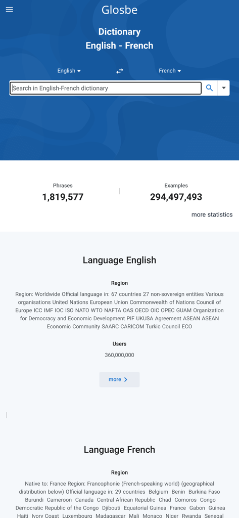 Glosbe Dictionary App zeigt die Englisch-Französisch-Suchoberfläche mit Sprachstatistiken und regionalen Informationen.