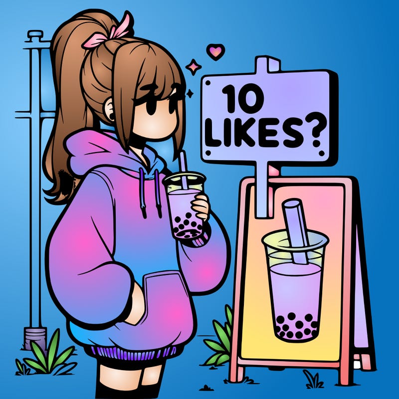 girl with oversized hoodie drinking boba and she has a high ponytail with a sign that says 10likes?
