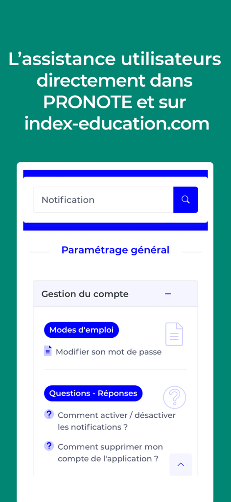 PRONOTE app user assistance interface showing account management and FAQ sections