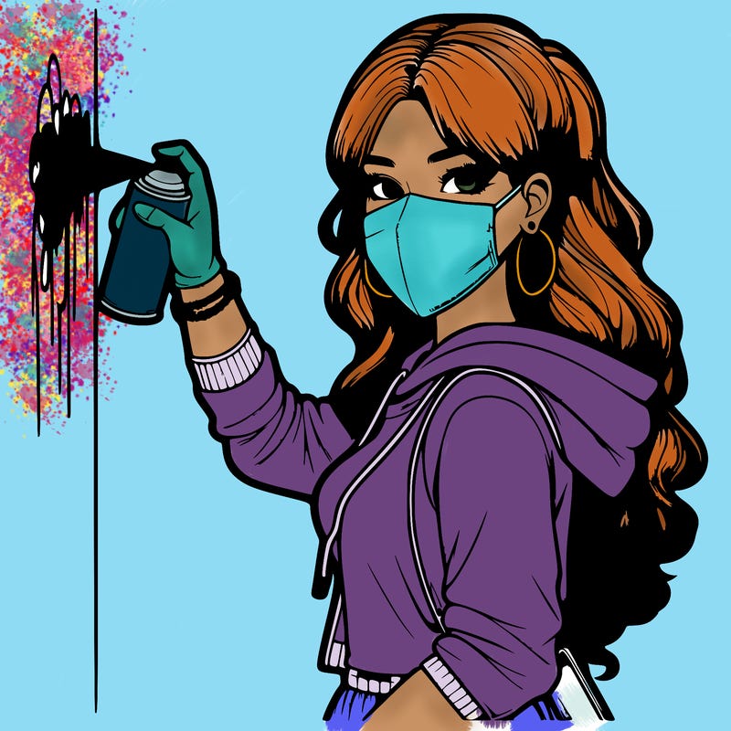 realistic girl with mask spray painting a wall