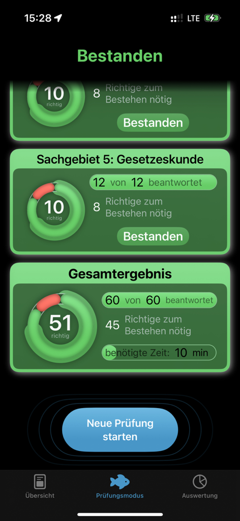 Results dashboard of a fishing license practice exam showing a passed status and score visualization
