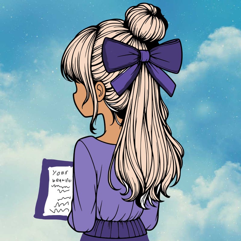 realistic girl  with hip length hair a bun and a big bow on the back of head