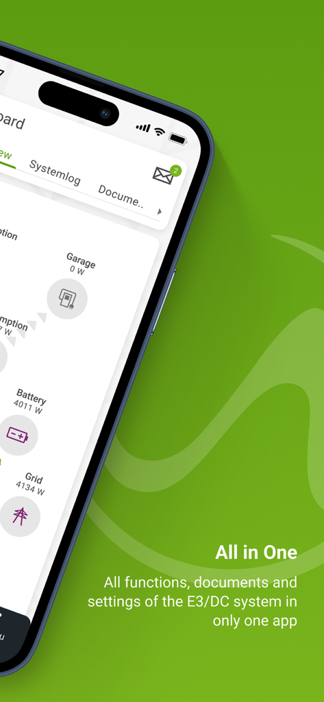 My E3/DC - Tableau de bord de l'application mobile My E3/DC sur un iPhone montrant la gestion de l'énergie domestique en temps réel et les données de stockage de la batterie