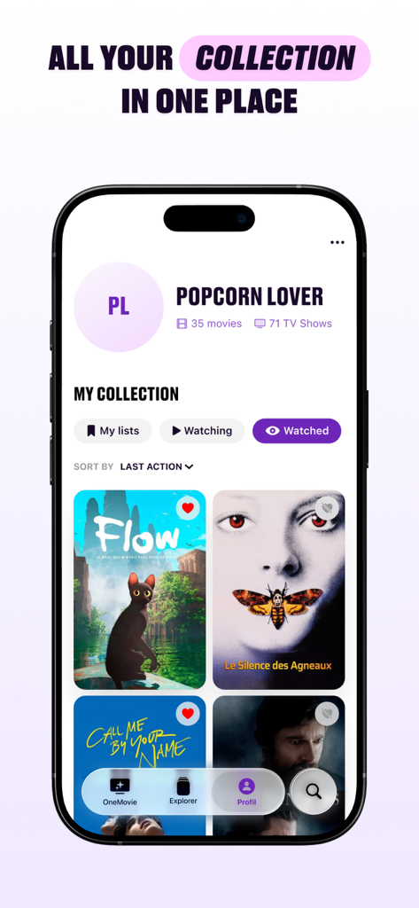 OneMovie - Movies & TV shows - Schermata del profilo dell'app OneMovie che visualizza una collezione personalizzata di film e serie TV guardati.