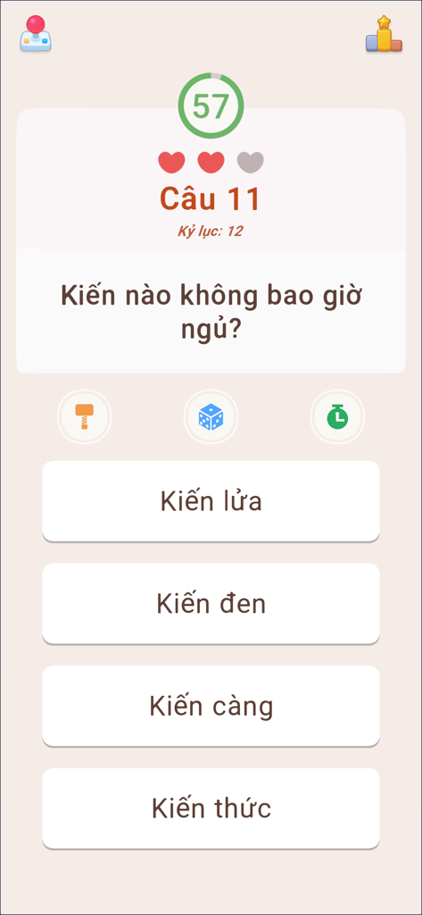 Đố Vui Hại Não - Siêu Trí Tuệ - A screenshot of a Vietnamese trivia game showing a riddle about ants with four multiple choice answers and a timer
