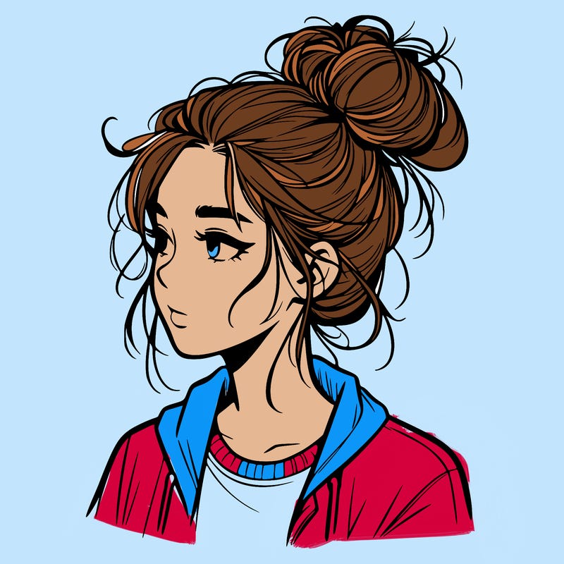 realistic teenage girl with a messy bun