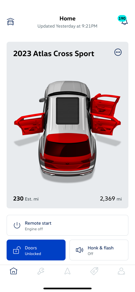 myVW - The myVW app interface showing a 2023 Atlas Cross Sport with vehicle status and remote controls