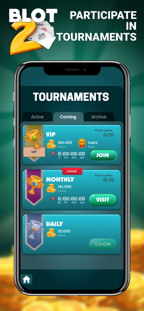 Blot 2 - Blot 2 mobile app tournament selection screen with VIP Monthly and Daily options