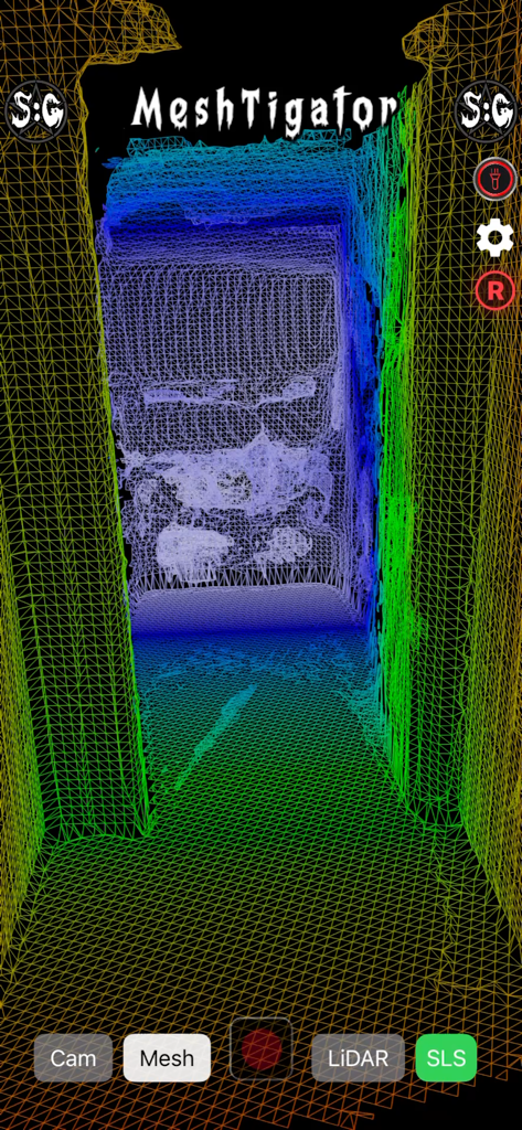 MeshTigator - MeshTigator app displaying a colorful 3D wireframe mesh of a hallway for paranormal investigations