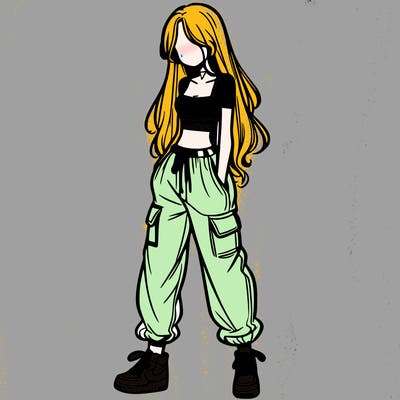girl in baggy pants crop top and long hair
