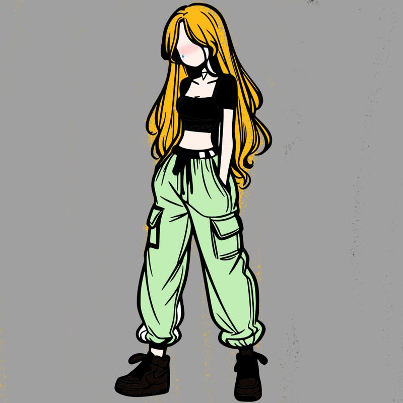 girl in baggy pants crop top and long hair