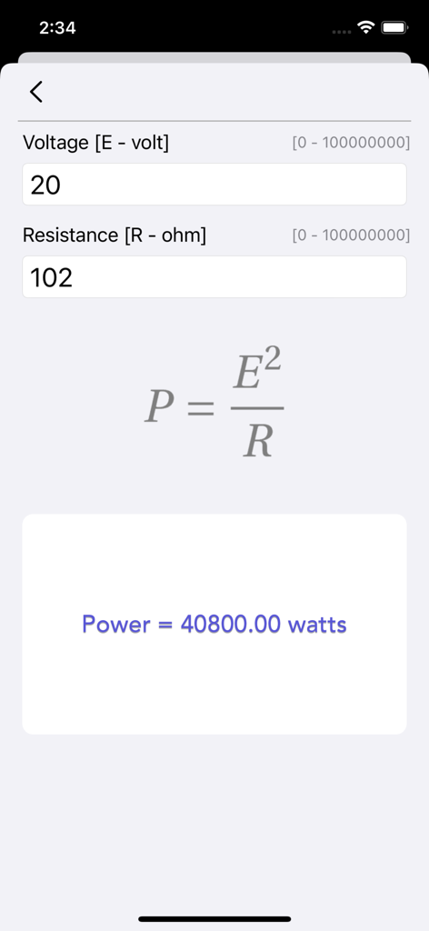 Ohm Law Calculator - Interfaz de la Calculadora Ley de Ohm mostrando resultados de cálculo de potencia