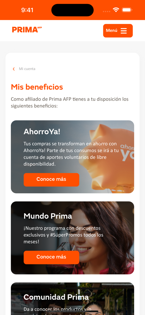 Prima AFP - Prima AFP mobile app screen displaying member benefits including savings and exclusive discounts