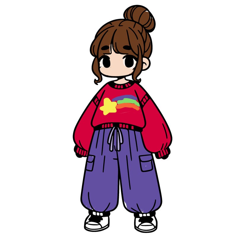 a girl wearing a sweater and long baggy pants and her hair pulled into a bun