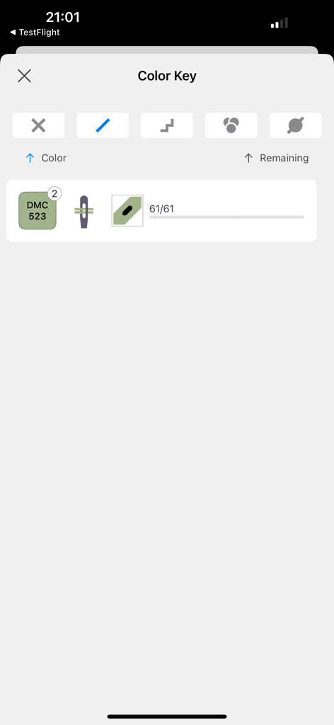 Pantalla de clave de color y seguimiento de progreso de hilos en la aplicación de bordado de Fantastitch.