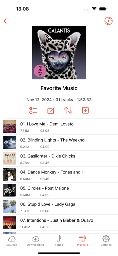 Cloud Music Player app showing a favorite music playlist with various tracks on an iPhone screen