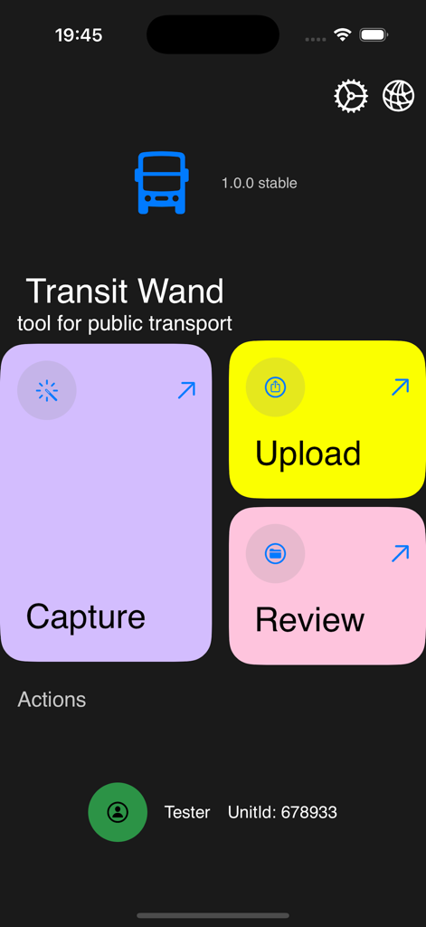 TransitWand - TransitWand mobile app home screen with Capture Upload and Review buttons