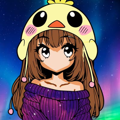 anime girl with chick shaped hat with sweater with bare shoulders with bangs covering them one eye with low tail