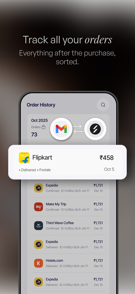 Flash.co | AI-Powered Shopping - Interfaz de la aplicación Flash.co que muestra un historial de pedidos completo y un panel de seguimiento de envíos