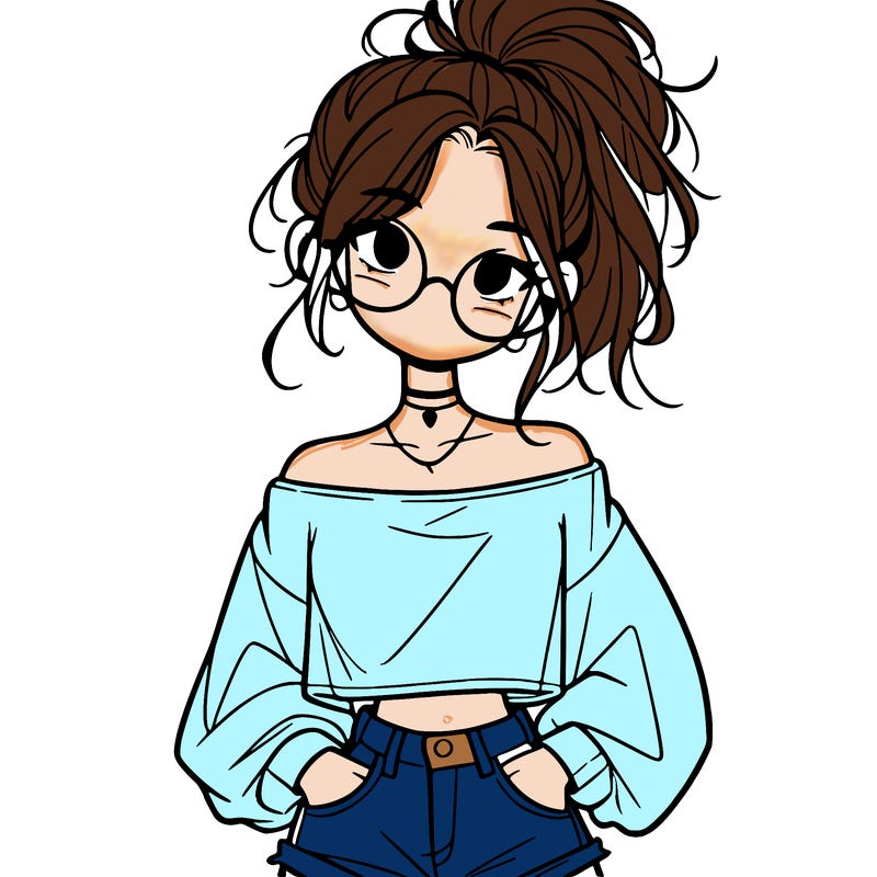 girl with a messy ponytail glasses a baggy crop top and jean shorts