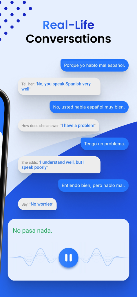 Interface de l'application Natulang montrant un dialogue de conversation réelle en espagnol avec des fonctionnalités de reconnaissance vocale