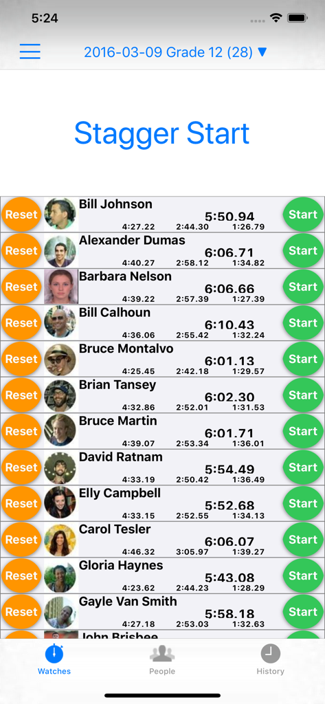 Ultimate Stopwatch - Stagger start screen in Ultimate Stopwatch app showing multiple athlete times