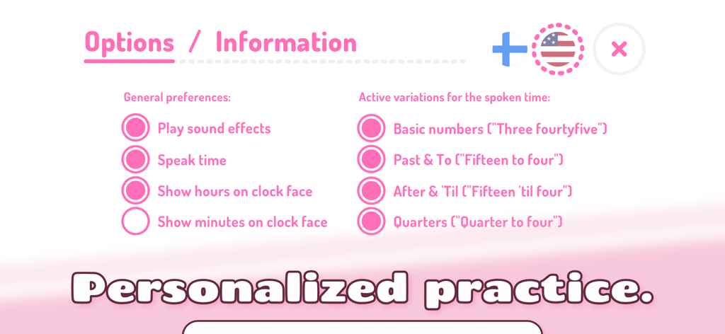 Lil Clock app options screen showing personalized practice settings and variations for spoken time