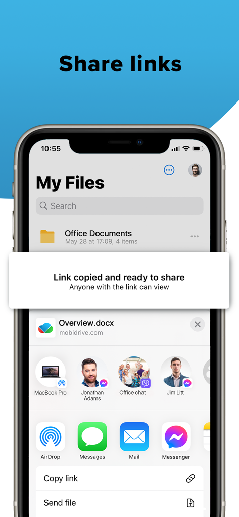 Interfaz de MobiDrive que muestra un enlace de documento listo para compartir en un iPhone.
