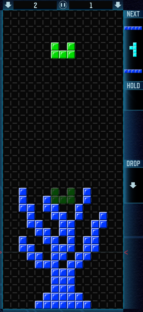 Pentix - Block Puzzle PVP Game - Gameplay du puzzle Pentix montrant des pièces de pentamino vertes et bleues sur une grille sombre