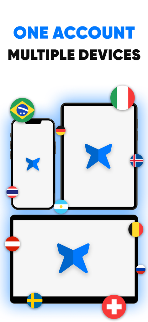 Stark VPN : Super Unlimited - Stark VPN application shown on an iPhone and two iPads with various country flags representing global server locations