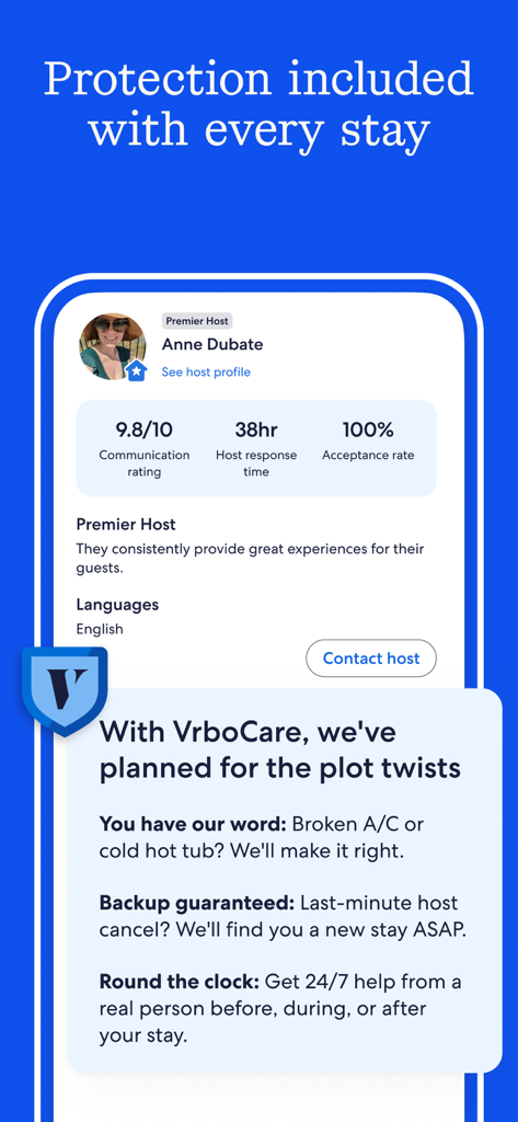 Vrbo app screen showcasing protection benefits through VrboCare and premier host profile statistics
