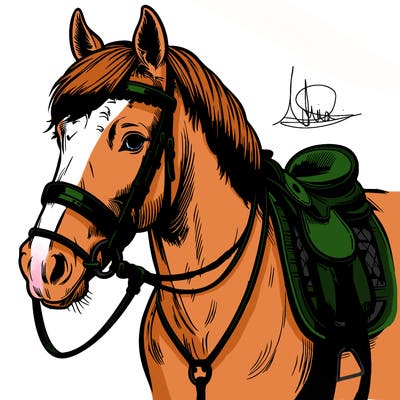 a realistic horse with a bridle and saddle