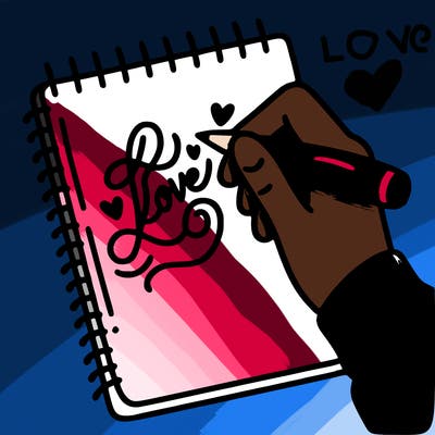 a hand writing “love” in calligraphy on a notebook
