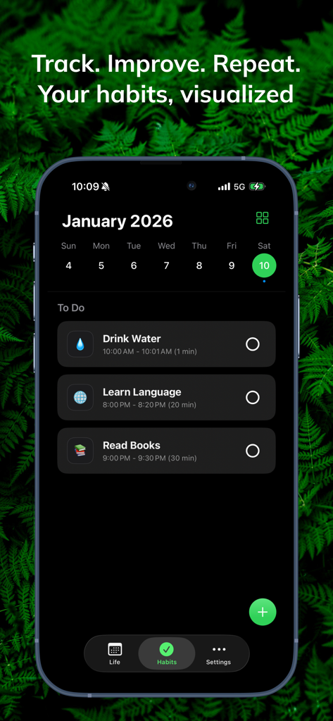 Daily - Life Calendar - iPhone screen showing the Daily Life Calendar app with a minimalist habit tracker interface in dark mode