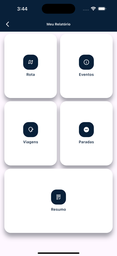 NEW TRACKER APP - New Tracker App reports dashboard featuring icons for route events trips stops and summary