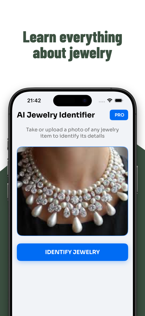 Jewelry Identifier: Gem Scan - Interface do aplicativo Identificador de Joias com IA escaneando um colar de pérolas